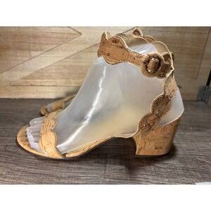 Unisa Block Heel Cork Sandal 6.5 Tan Scalloped Ankle Strap Dressy Cute EUC #515